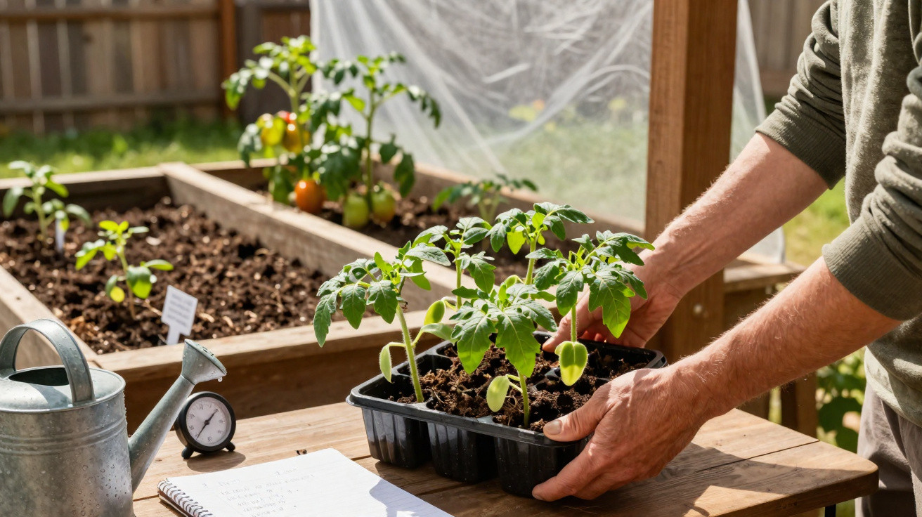 Pessoa a cuidar de plantas jovens num tabuleiro preto junto a canteiros de cultivo de tomates.