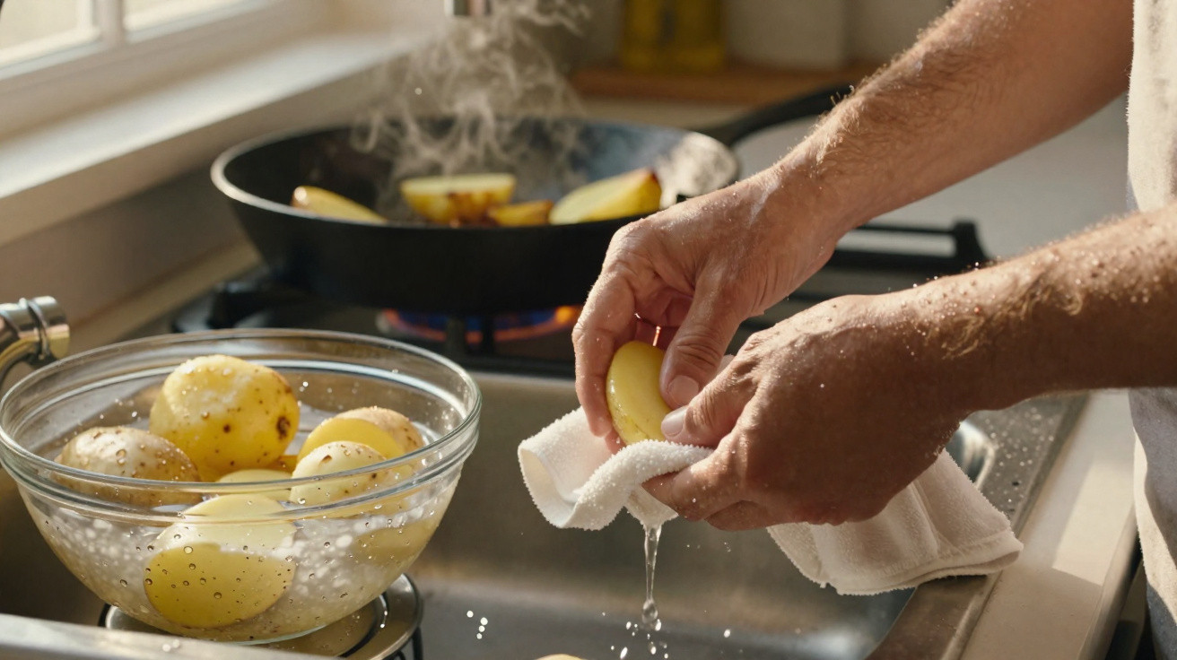 Pessoa a secar batatas lavadas com um pano branco junto a um lava-loiças com uma frigideira ao fundo.