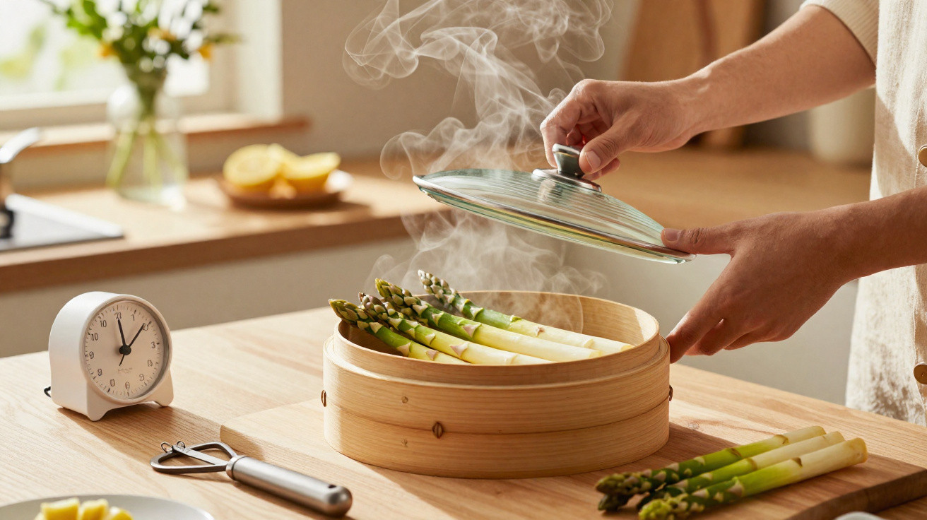 Pessoa a levantar tampa com vapor de cesta de bambu com espargos verdes a cozinhar numa cozinha iluminada.