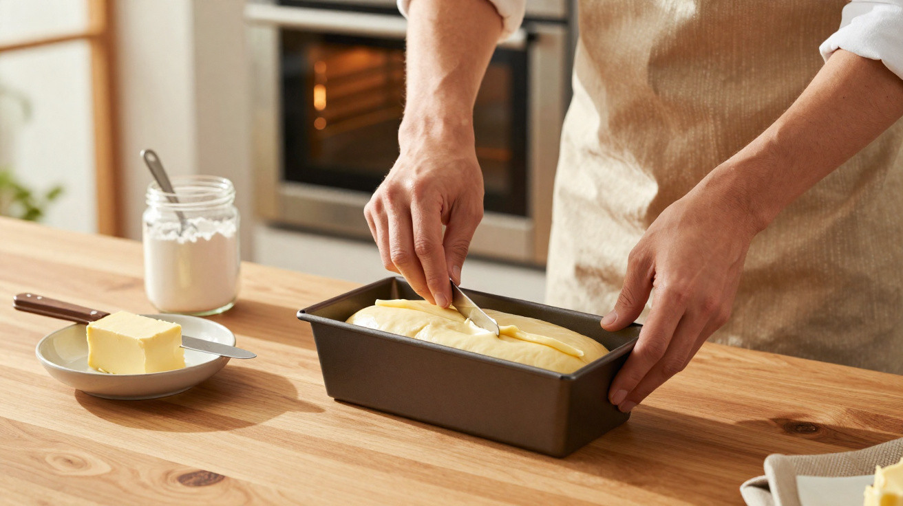 Pessoa a cortar massa numa forma de pão num balcão de cozinha com manteiga e farinha ao lado.