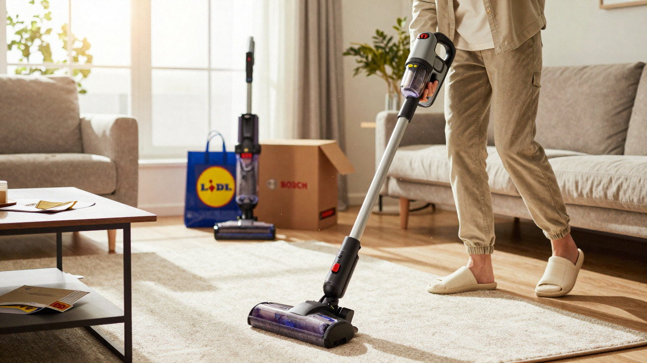 Pessoa a aspirar uma carpete numa sala de estar com aspirador sem fios Bosch e saco Lidl ao fundo.