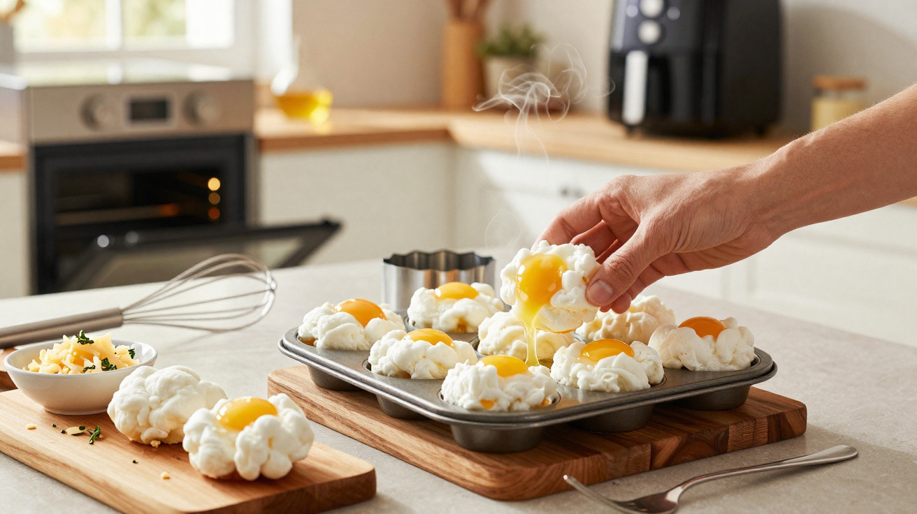 Pessoa a retirar ovo ninho quente num tabuleiro na cozinha moderna com utensílios e ingredientes ao fundo.