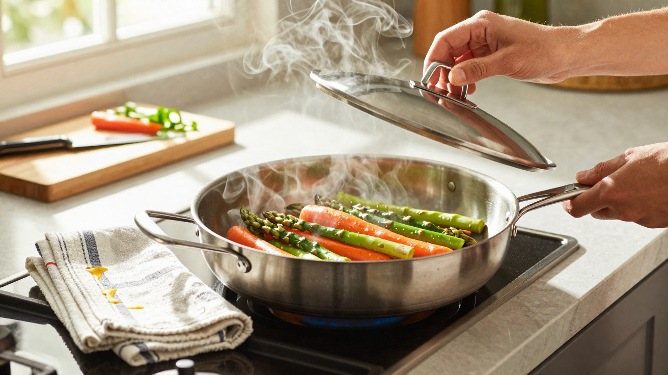 Mãos a abrir tampa de frigideira com legumes a cozinhar a vapor no fogão.