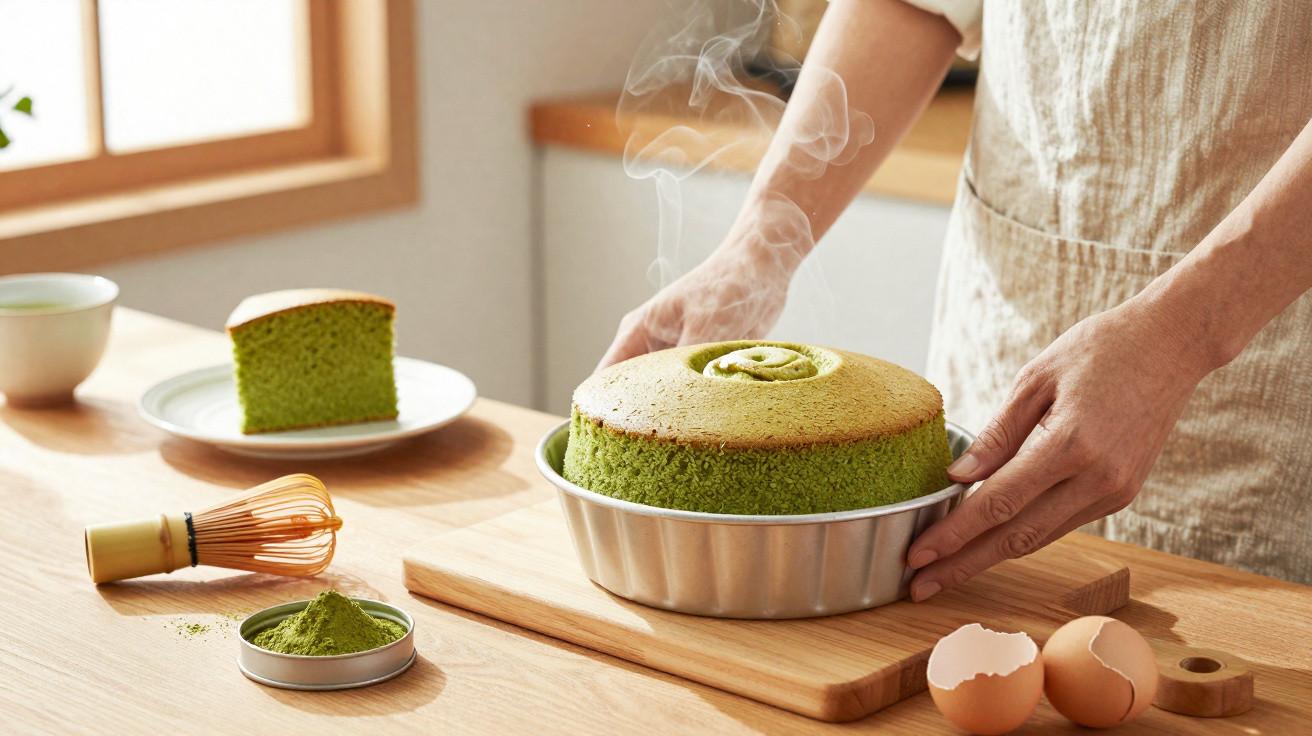 Mãos a retirar bolo verde fumegante acabado de cozer de forma metálica numa cozinha com ingredientes à volta.