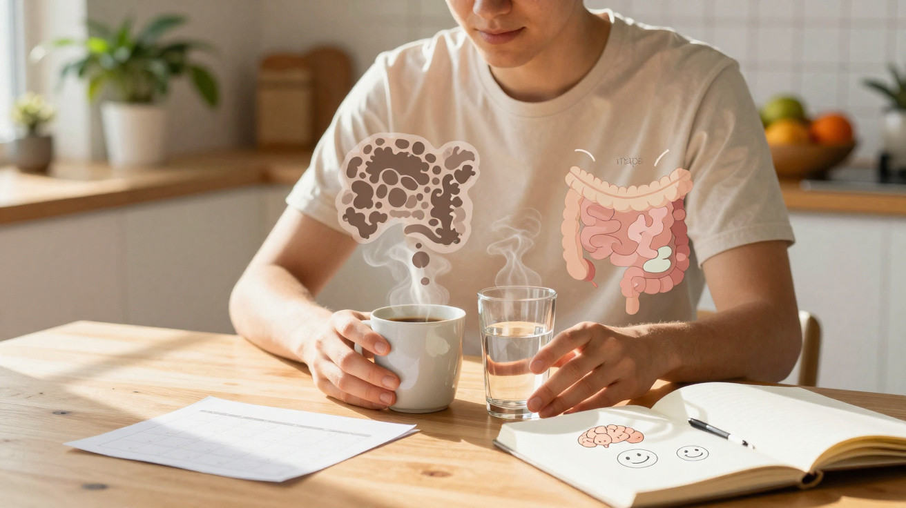 Pessoa sentada à mesa com chá e água, ilustrando o sistema digestivo e a saúde intestinal.