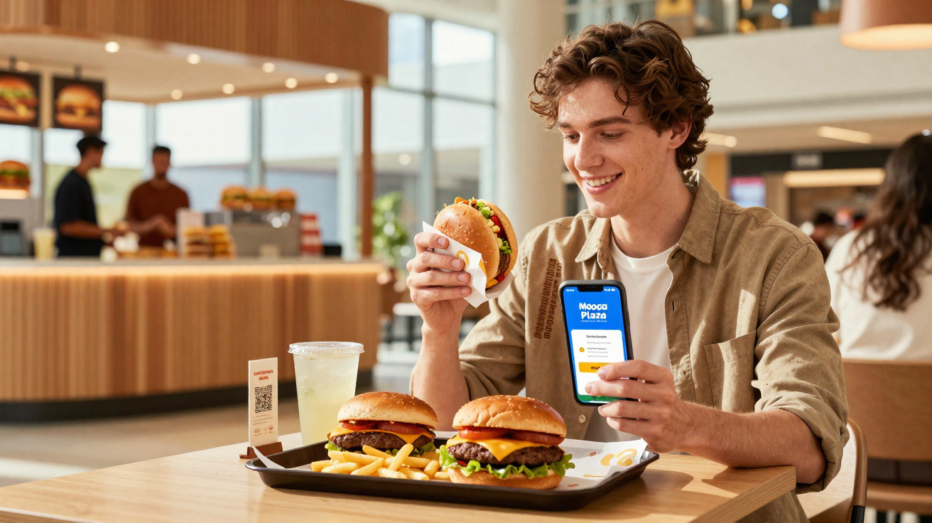 Jovem sorridente a segurar hambúrguer e smartphone num restaurante com dois hambúrgueres e batatas à sua frente.