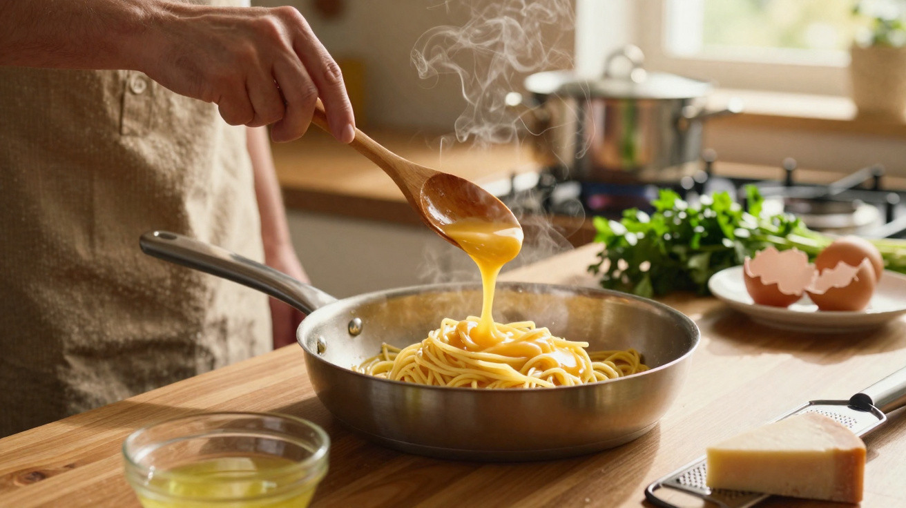Pessoa a derramar molho com colher de pau sobre esparguete numa frigideira, com queijo e ovos ao fundo na mesa.