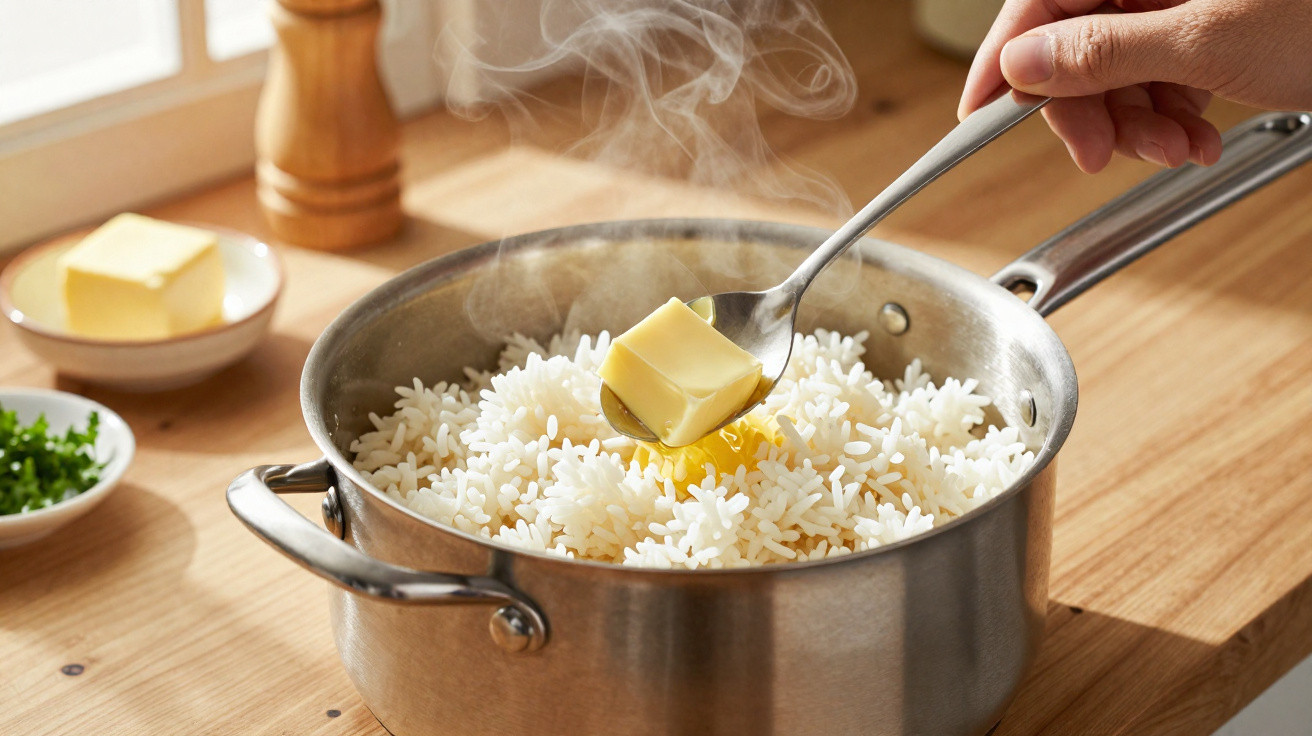 Cozinheira a colocar um cubo de manteiga sobre arroz branco fumegante numa panela metálica numa bancada de madeira.