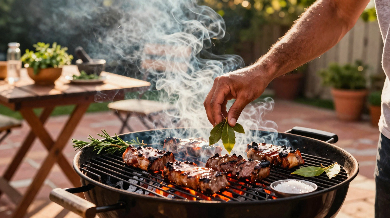 Churrasco com vários pedaços de carne a grelhar e mão a colocar folhas numa churrasqueira ao ar livre.