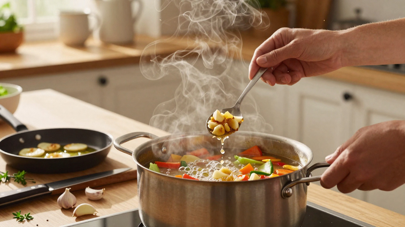 Pessoa a adicionar alho picado a uma panela de legumes a ferver numa cozinha luminosa.