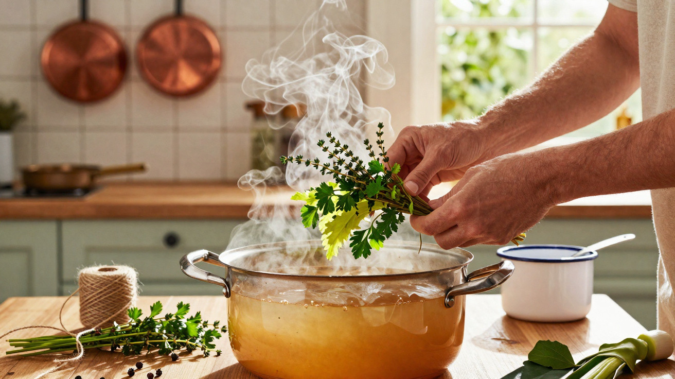 Pessoa a adicionar ervas aromáticas a uma panela com vapor numa cozinha iluminada.