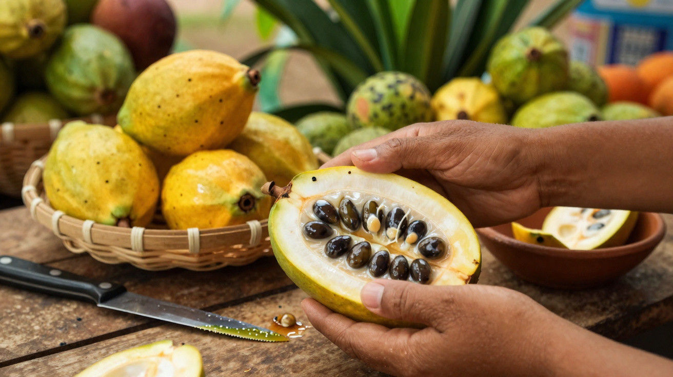 Fruta cacau aberta com sementes pretas brilhantes nas mãos, cesto com frutas e faca na mesa.