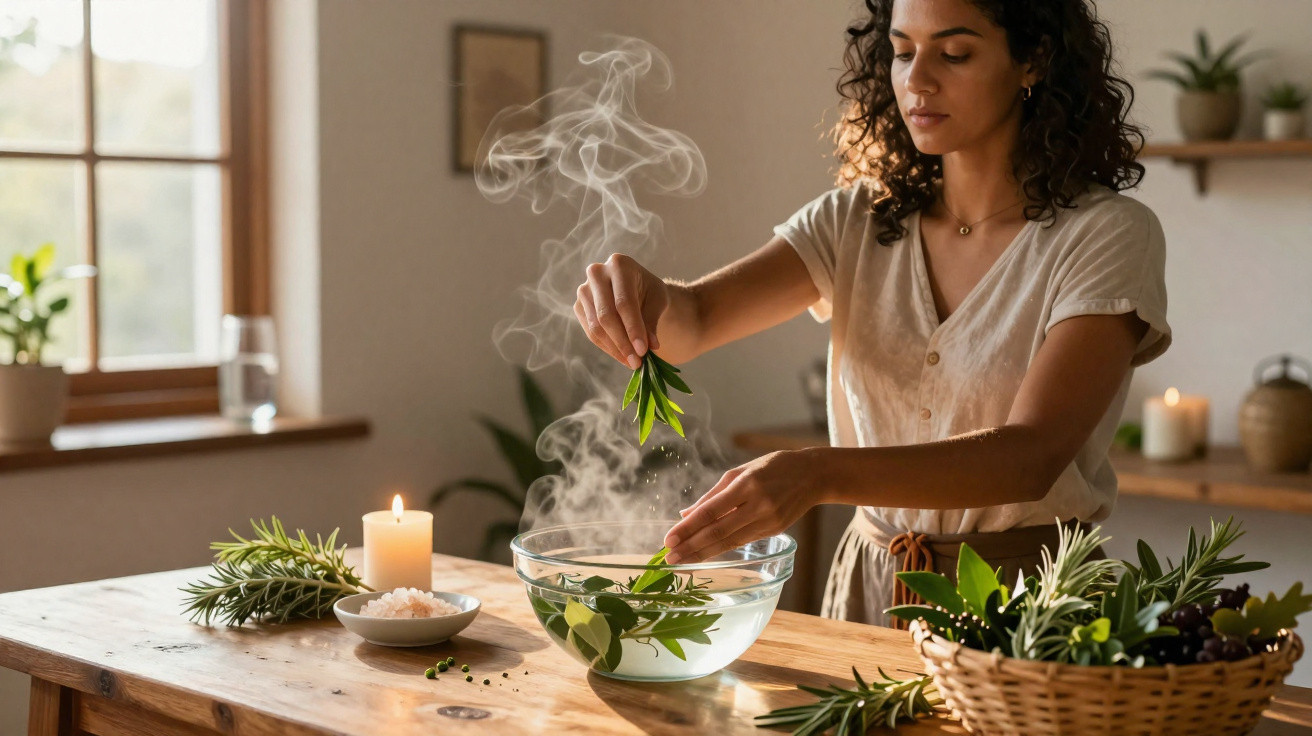 Mulher a preparar infusão de ervas aromáticas num ambiente calmo com velas e plantas naturais.