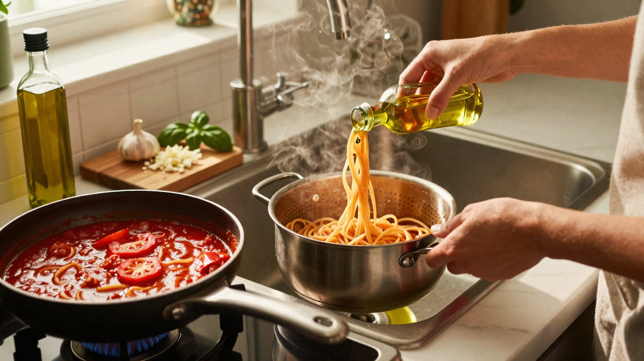 Pessoa a escorrer esparguete e a adicionar azeite numa panela de cozinha com molho de tomate ao lado.