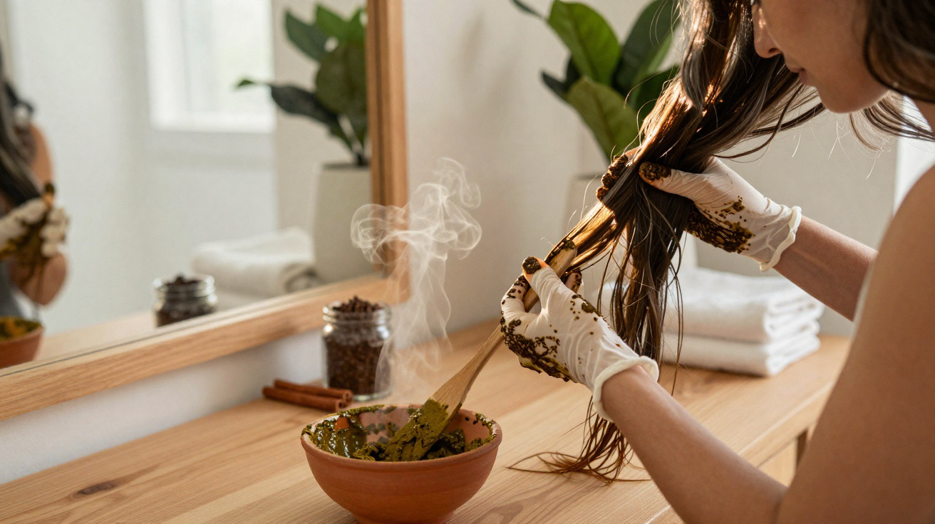 Pessoa a aplicar henna natural no cabelo numa divisão com espelho e planta.
