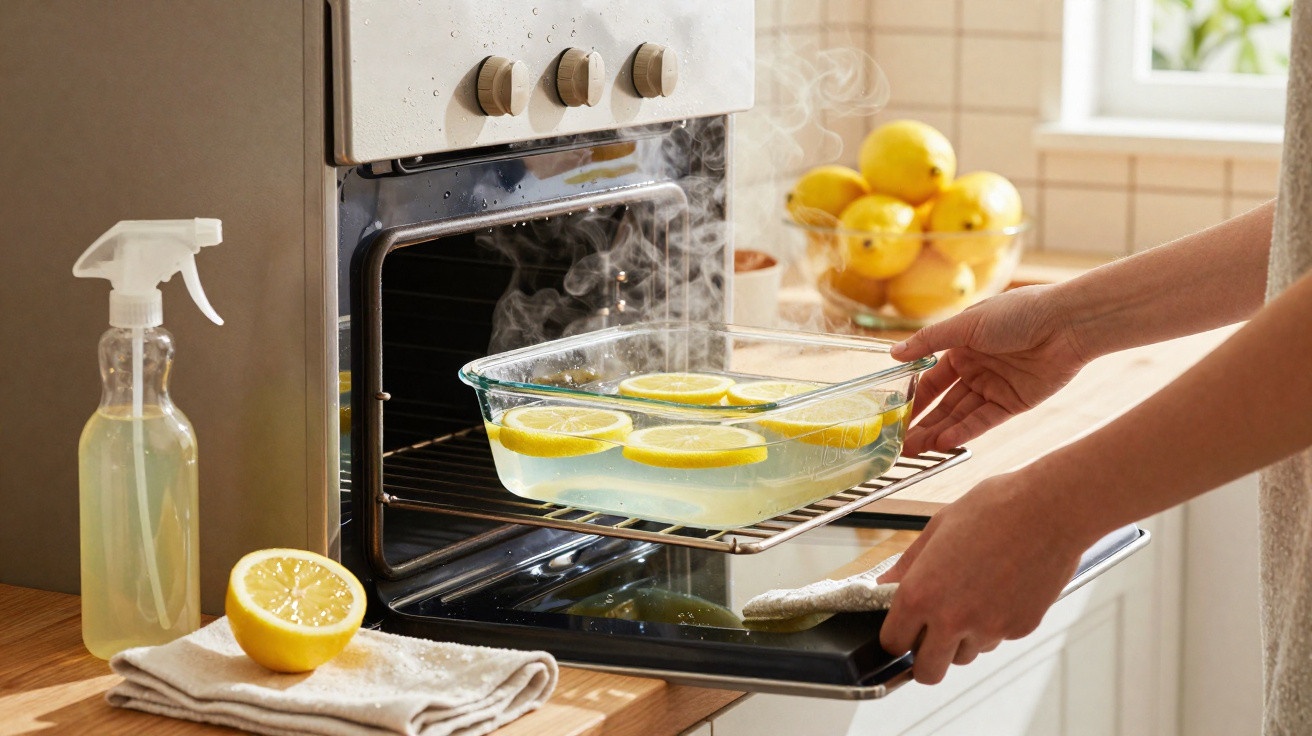 Pessoa a retirar do forno um tabuleiro de vidro com fatias de limão e água a ferver, numa cozinha iluminada.
