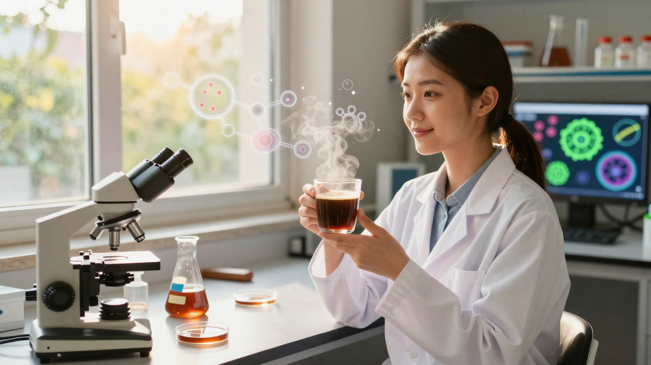 Cientista do sexo feminino em laboratório, segurando chá quente com representação digital de moléculas suspensas.