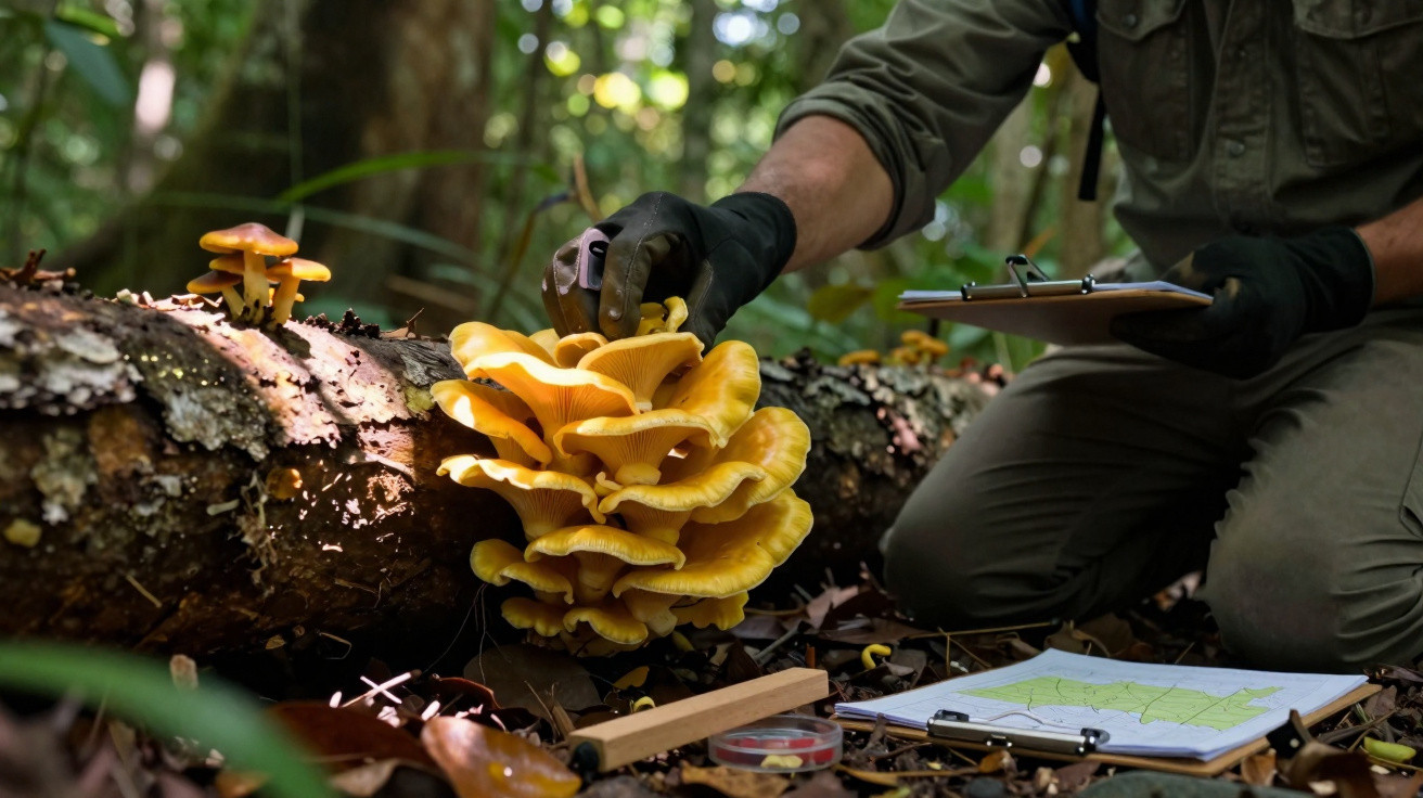 Pessoa com luvas a examinar cogumelos amarelos que crescem num tronco caído na floresta.