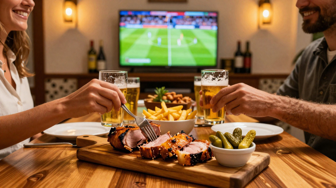Duas pessoas a jantar com cerveja, carne, batatas fritas e picles, enquanto veem um jogo de futebol na televisão.