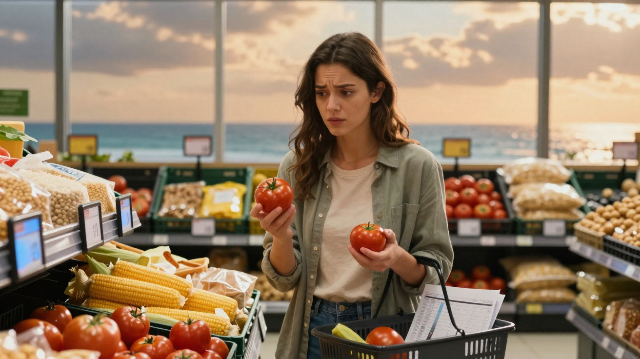 Mulher em supermercado a segurar dois tomates e a olhar com dúvida para um deles.