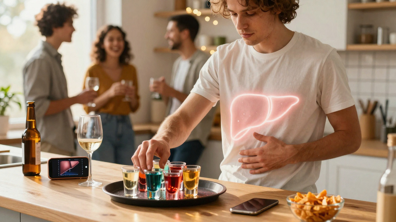 Jovem a beber bebidas alcoólicas, segurando o estômago, com imagem do fígado destacado na cozinha com amigos ao fundo.
