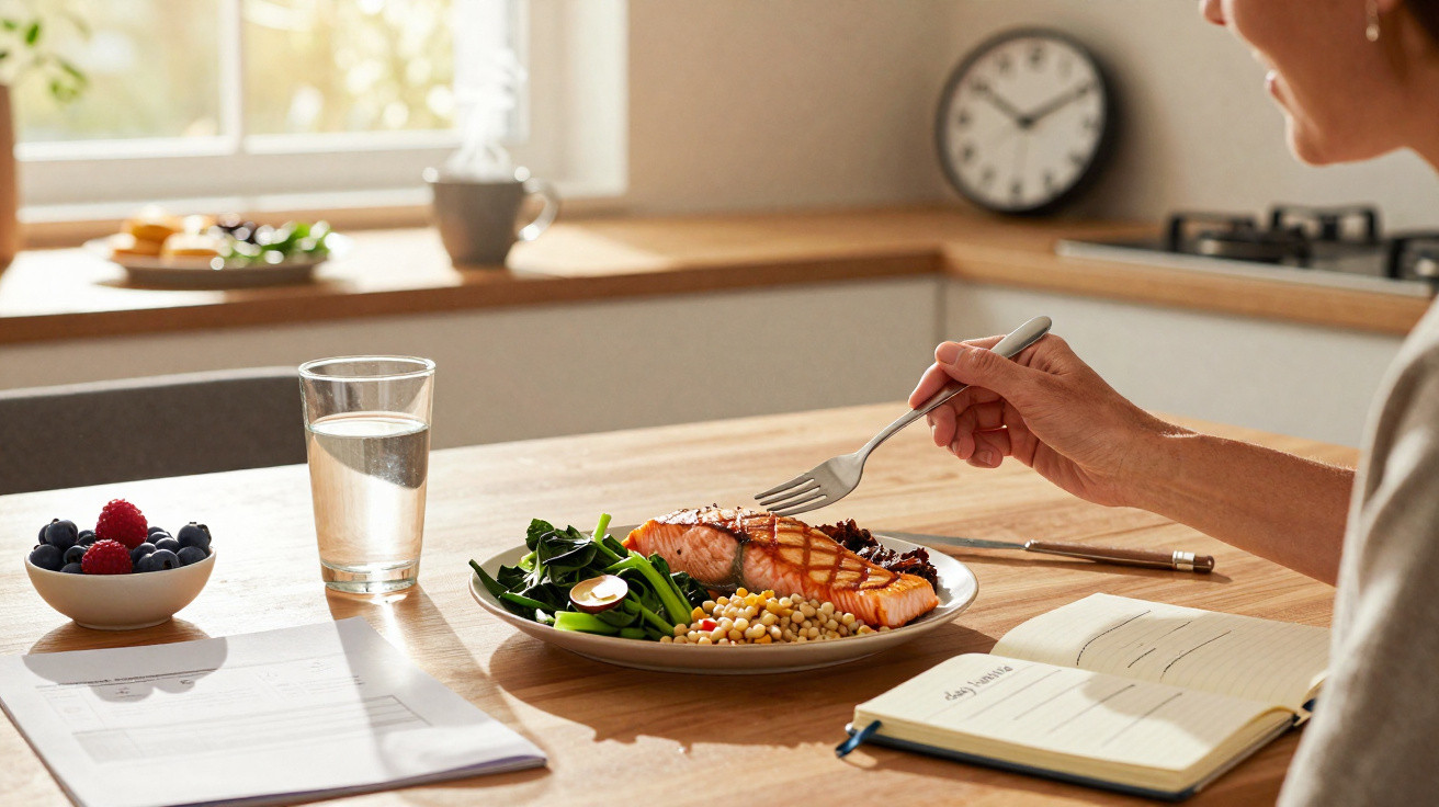 Pessoa a almoçar salmão grelhado com legumes numa cozinha moderna, ao lado de um caderno e um copo de água.