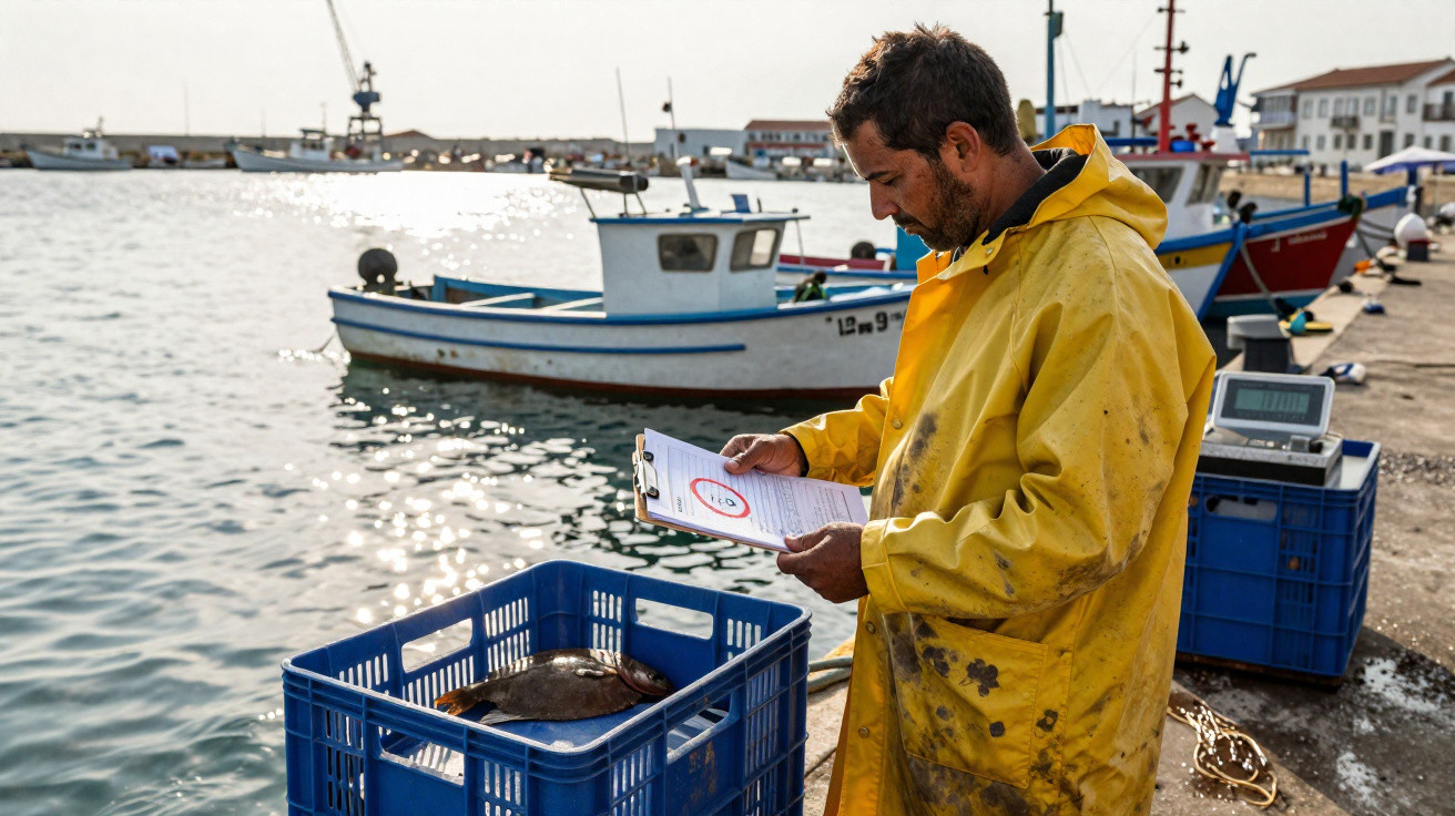 Pescador com fato amarelo verifica documento junto a caixa azul com peixe num cais ao lado de barcos.