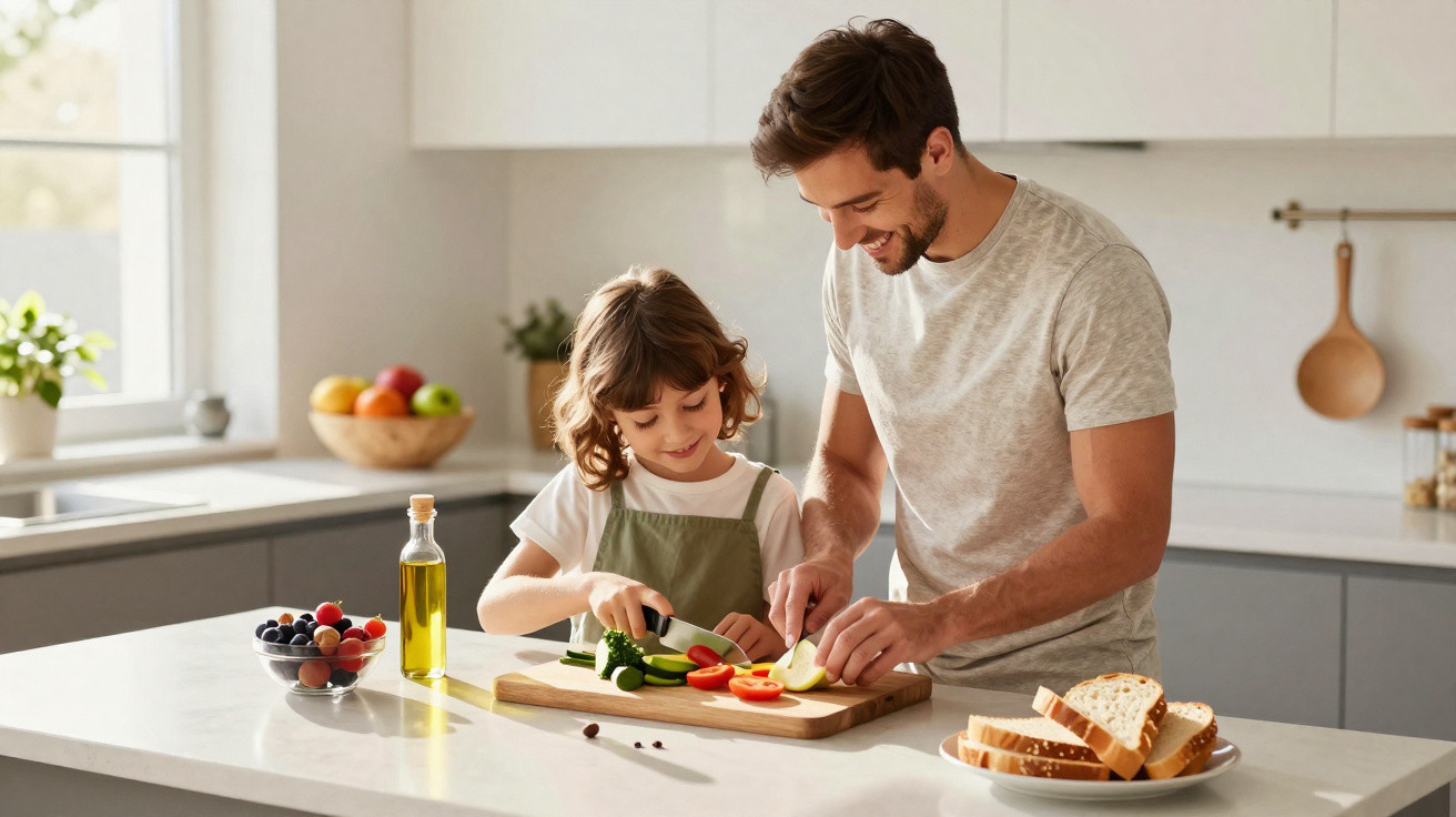 Pai e filha a cortar legumes juntos numa cozinha moderna e luminosa.