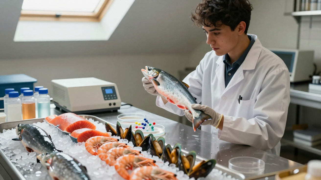 Cientista em laboratório analisa peixe fresco entre marisco e frutos do mar sobre gelo.