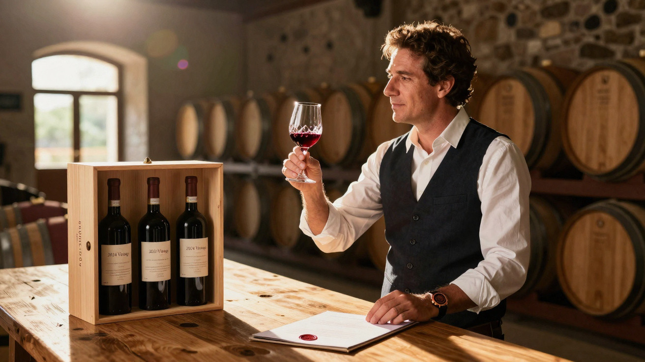 Homem a provar vinho tinto numa adega, com barris e caixa de garrafas ao lado numa mesa de madeira.
