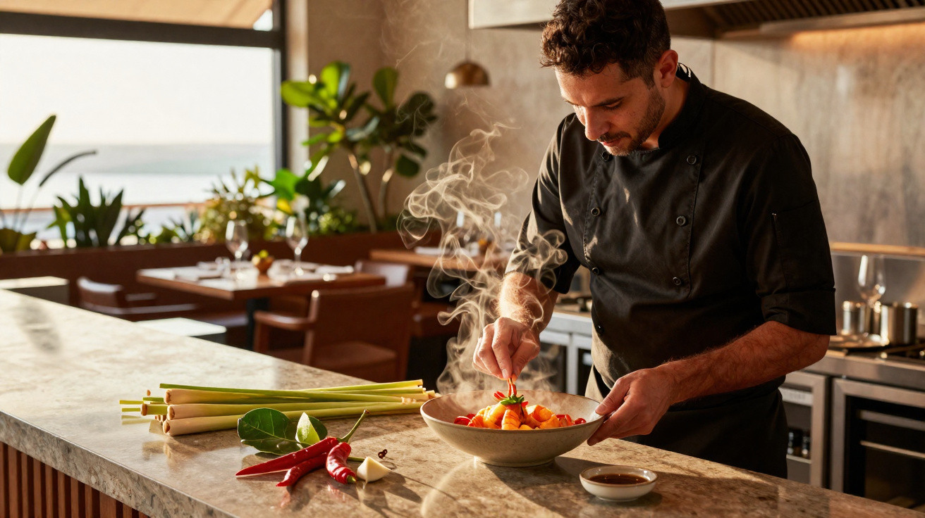 Chef vestindo uniforme preto a preparar um prato fumegante numa cozinha moderna e iluminada.