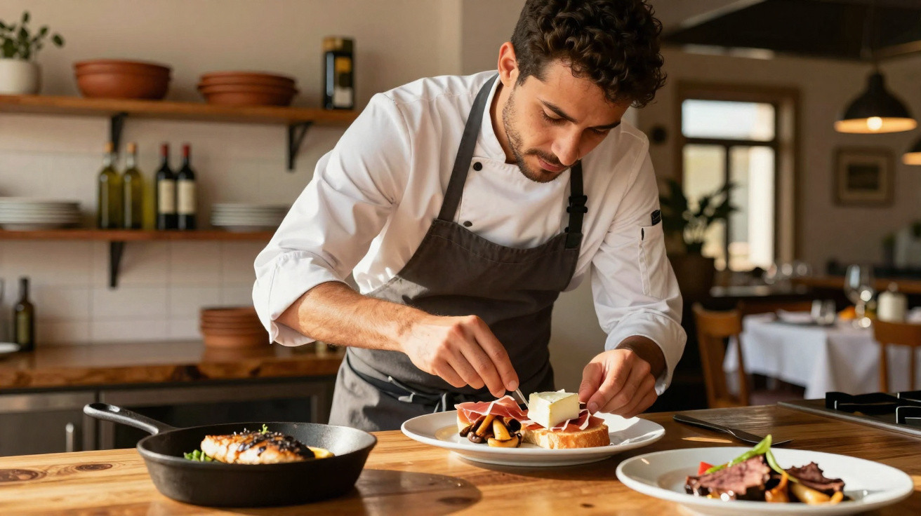 Chef a preparar um prato gourmet com presunto e manteiga numa cozinha acolhedora e bem equipada.