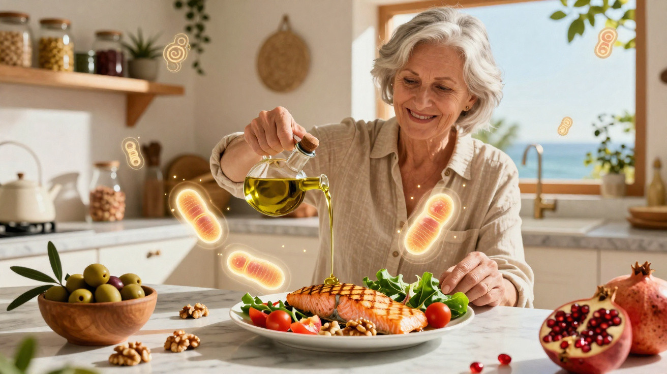 Mulher sénior a temperar salmão com azeite numa cozinha iluminada, rodeada de alimentos saudáveis.