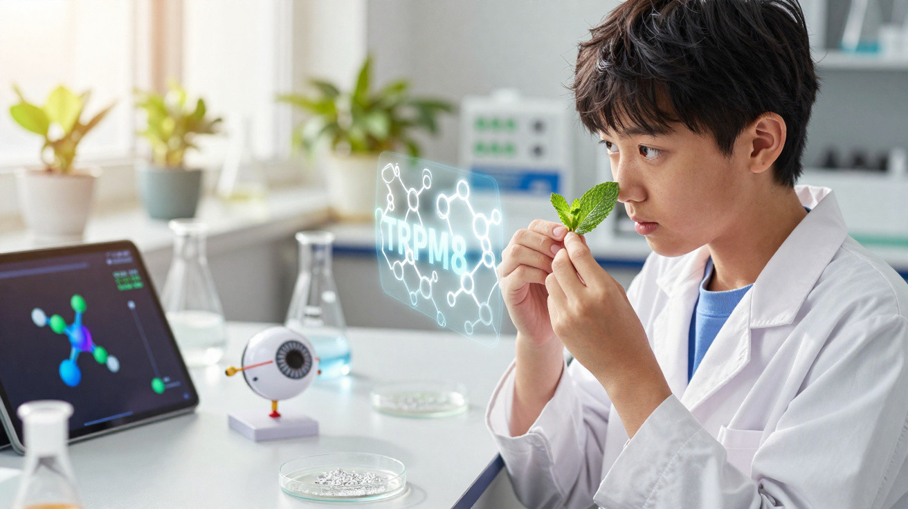 Cientista jovem a examinar uma folha verde num laboratório moderno com elementos digitais de análise.