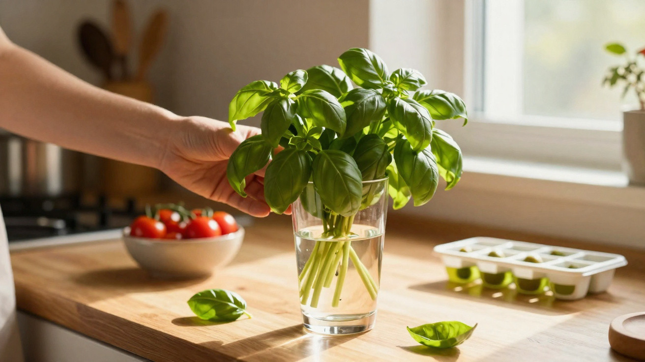 Mão segurando ramo de manjericão numa cozinha iluminada com folhas verdes e tomate ao fundo.