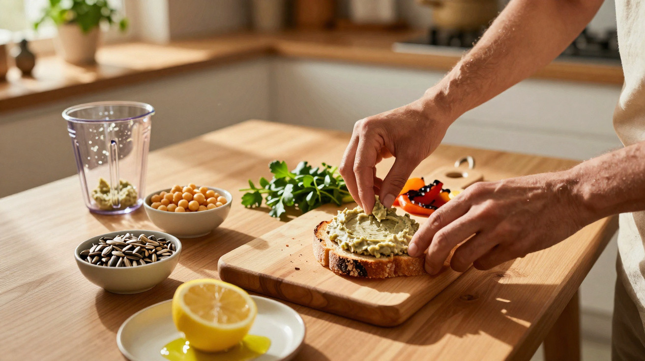 Pessoa a preparar tosta com pasta verde numa cozinha com ingredientes sobre a mesa de madeira.