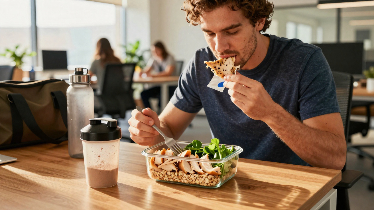 Homem sentado numa mesa a comer salada e a segurar uma fatia de pão num escritório moderno.