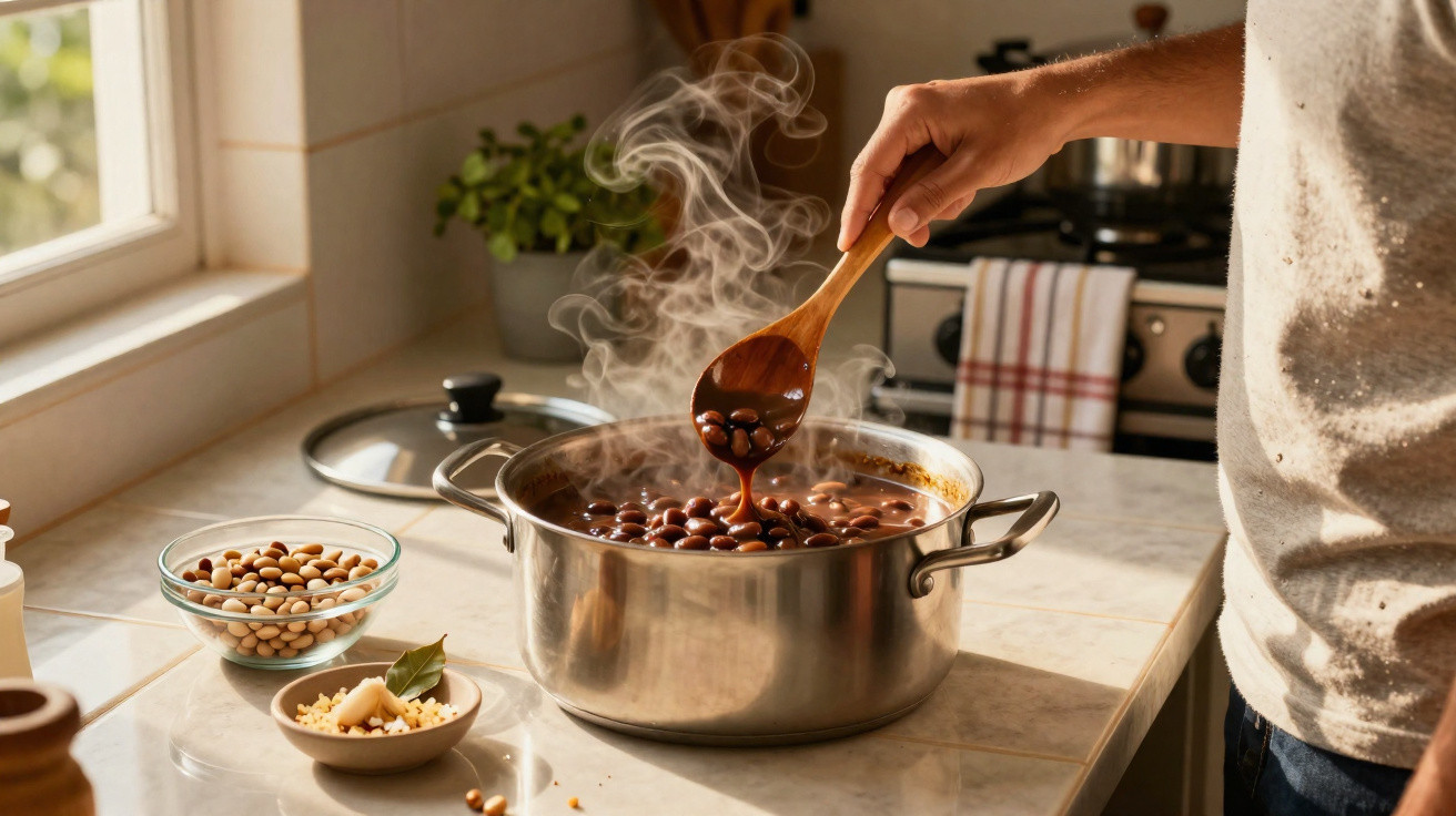 Pessoa a cozinhar feijão fumegante numa panela de inox numa cozinha luminosa.