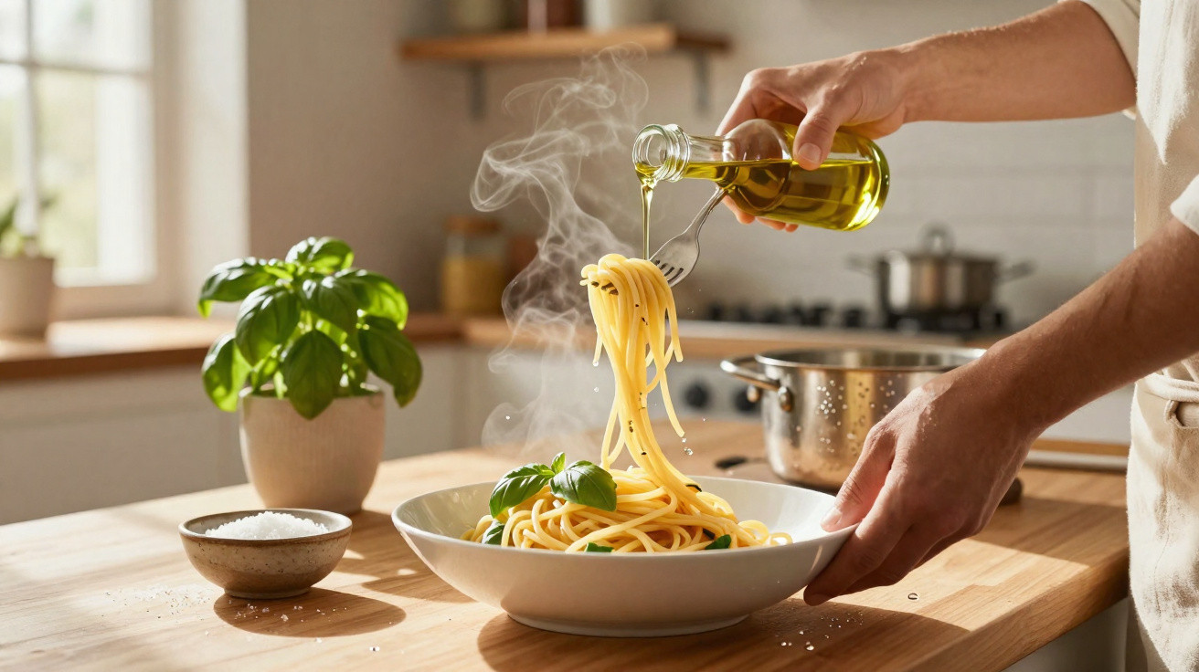 Massa espaguete quente num prato com folhas de manjericão, regada com azeite numa cozinha iluminada.