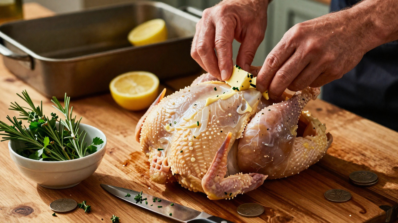 Mãos a preparar um frango cru com manteiga e ervas frescas numa tábua de madeira de cozinha.