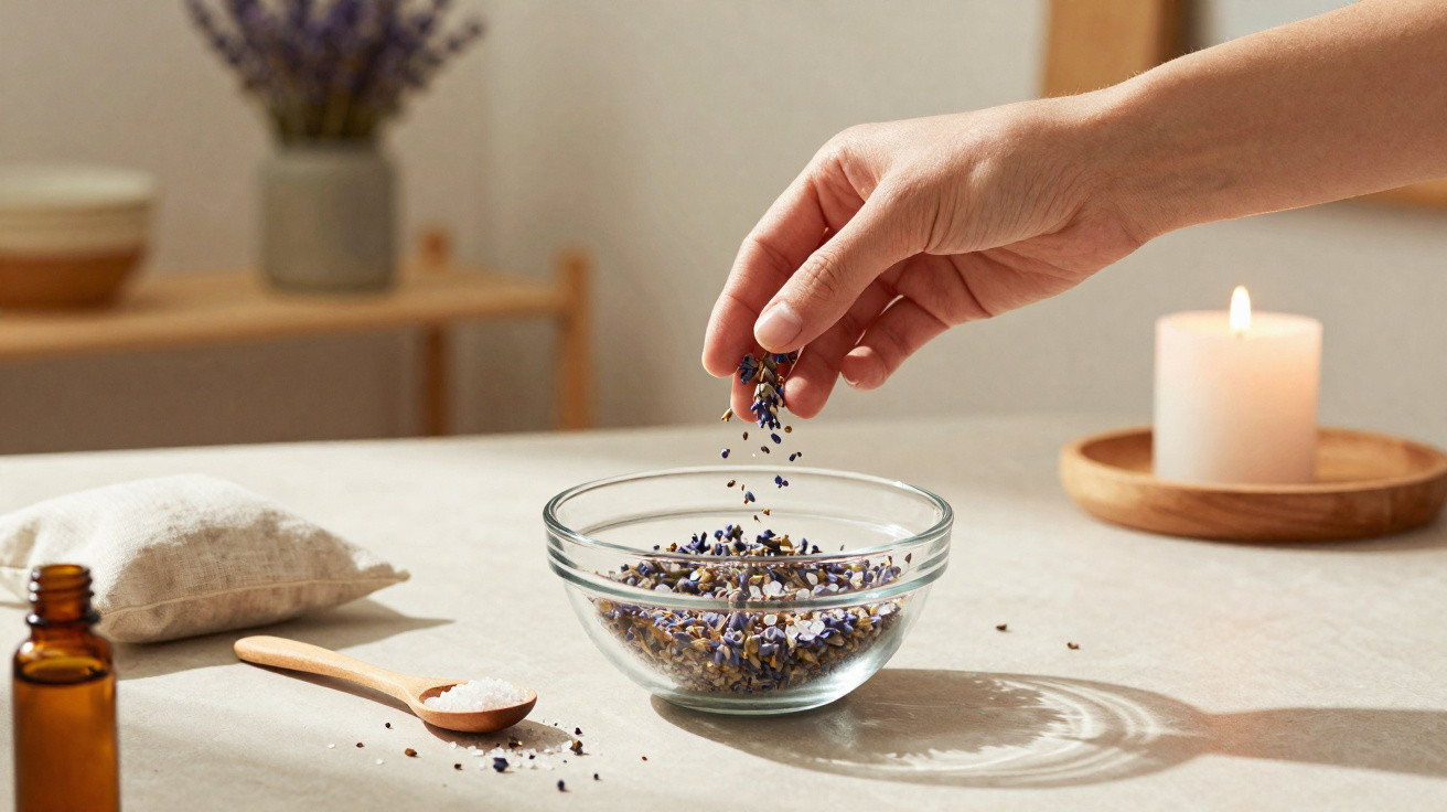 Mão a adicionar flores secas num recipiente de vidro, com vela acesa e frasco âmbar ao lado.