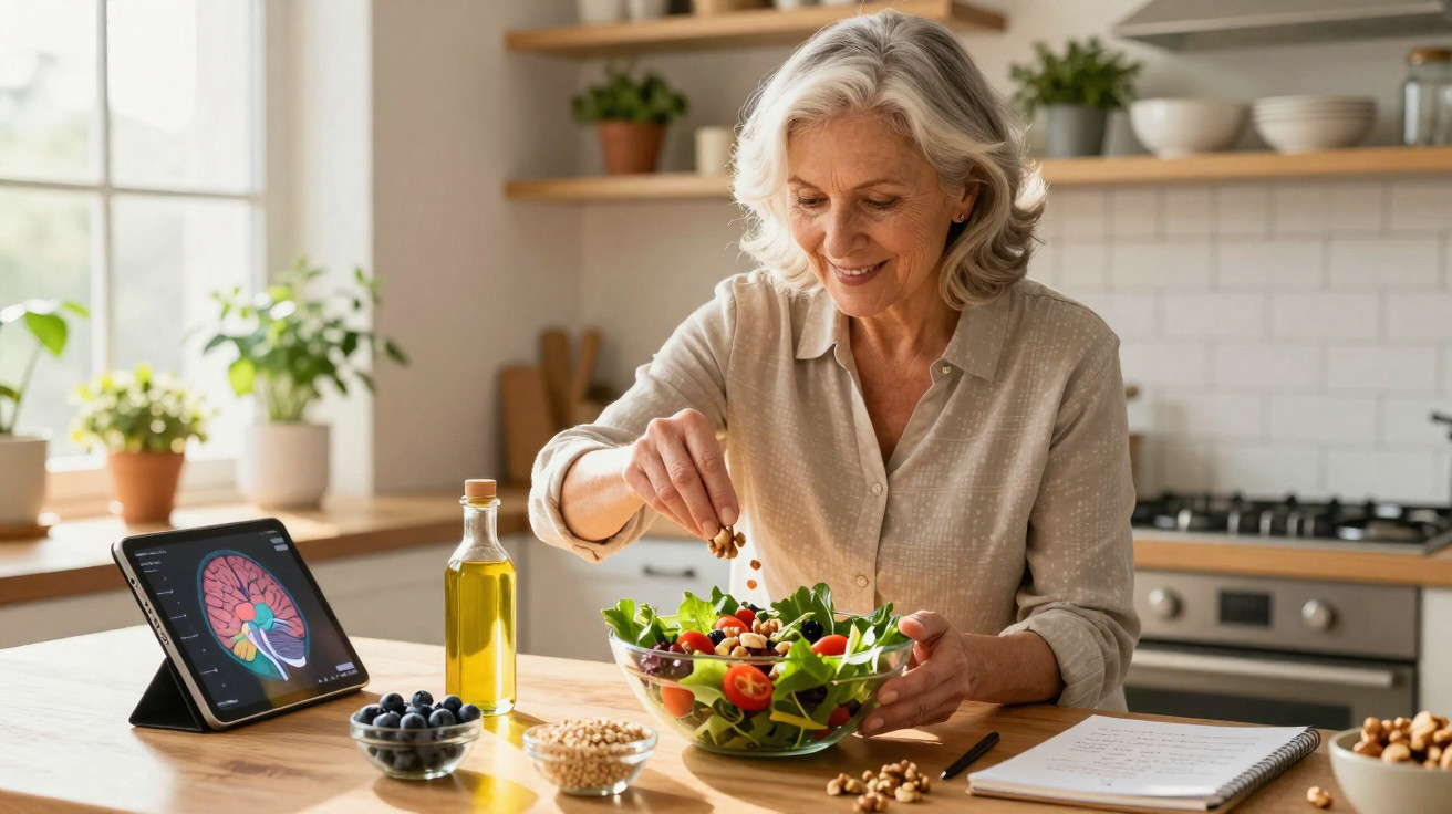 Mulher sénior prepara salada saudável na cozinha, com tablet a mostrar imagem do cérebro na mesa.