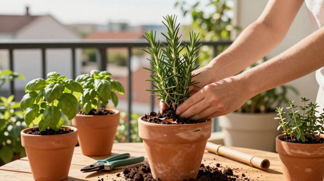 Mãos a plantar ervas aromáticas em vasos de barro numa varanda ensolarada, sobre mesa de madeira.