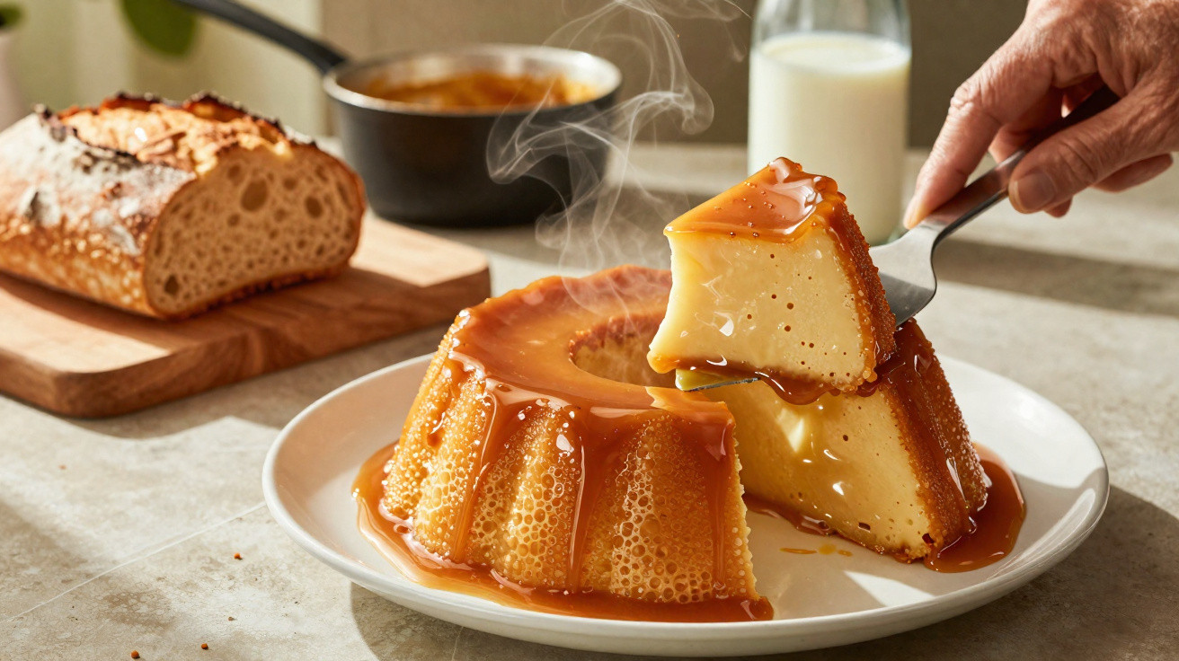 Pudim de caramelo fumegante servido num prato branco com fatias sendo levantadas e pão no fundo.