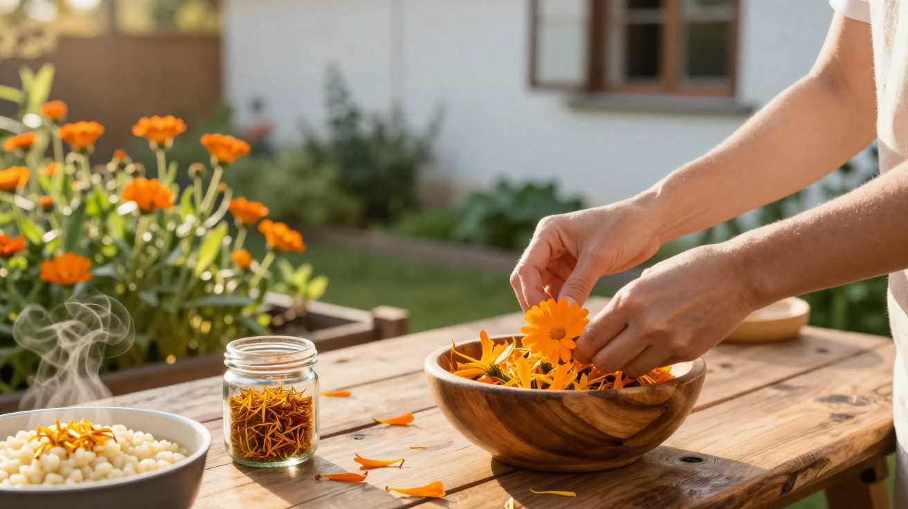 Mãos a colocar flores laranja numa taça de madeira sobre mesa de madeira num jardim ensolarado.