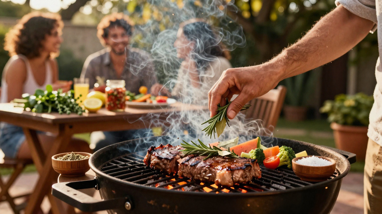 Pessoa a temperar carne grelhada com alecrim num churrasco ao ar livre com amigos ao fundo.