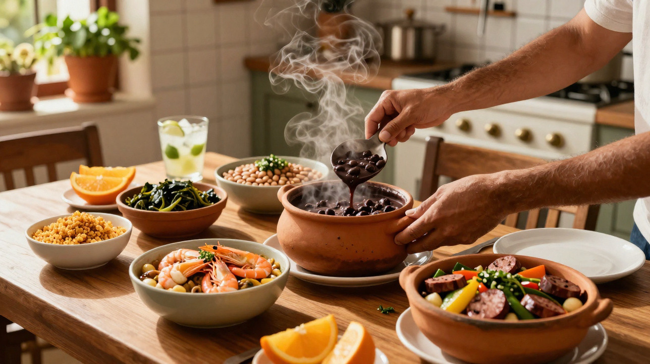 Person a servir feijoada quente em taça de barro numa mesa com vários pratos coloridos de comida.