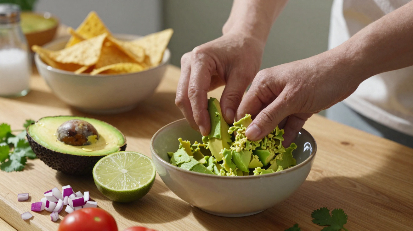 Pessoa a preparar guacamole com abacate, lima, cebola, coentros, tomate e nachos numa cozinha.