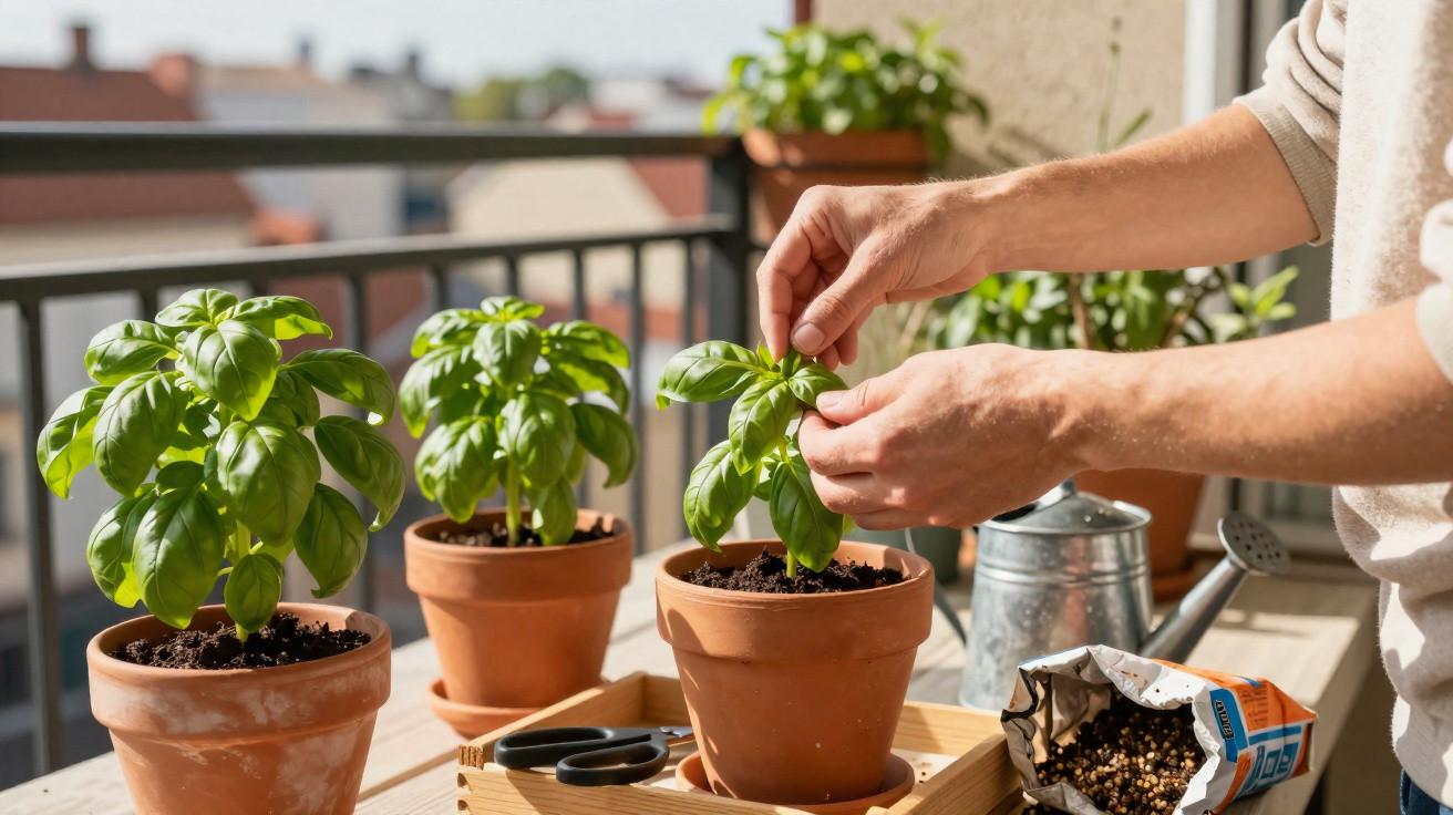 Mãos a cuidar de plantas de manjericão em vasos de barro num terraço ensolarado com regador e tesoura ao lado.