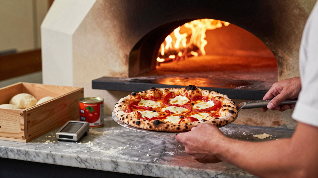 Pessoa a retirar pizza de forno a lenha com massa, tomate e queijo, sobre bancada de mármore com ingredientes.
